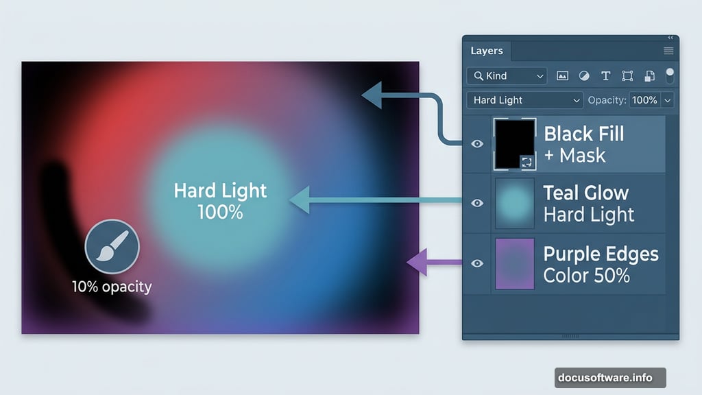 Layered vignette and teal Hard Light glow create atmospheric depth