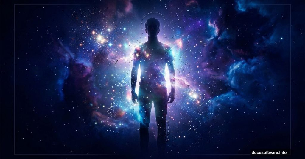 Silhouetted figure merging into dreamy cosmic galaxy photomanipulation art