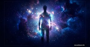 Silhouetted figure merging into dreamy cosmic galaxy photomanipulation art