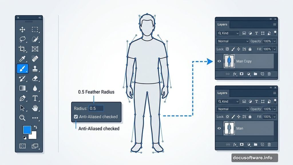Pen Tool tracing subject with anchor points and Make Selection dialog