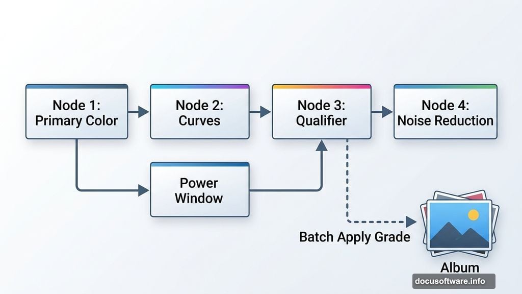 Node-based color grading workflow applied across entire photo album