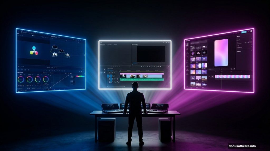 Editor choosing between DaVinci Resolve, Premiere Pro, and CapCut software