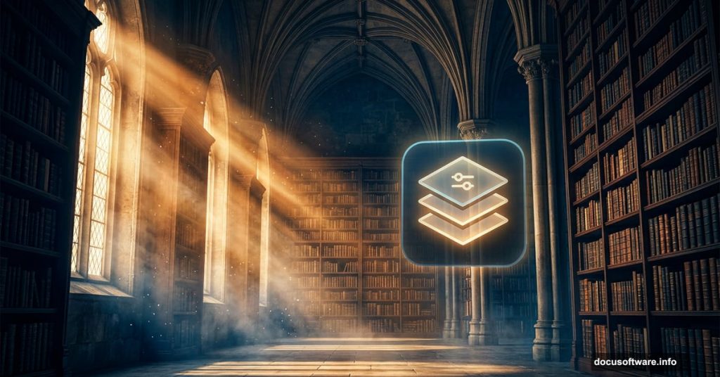 Dramatic fantasy library with golden light rays and Photoshop layers