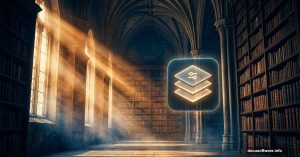 Dramatic fantasy library with golden light rays and Photoshop layers