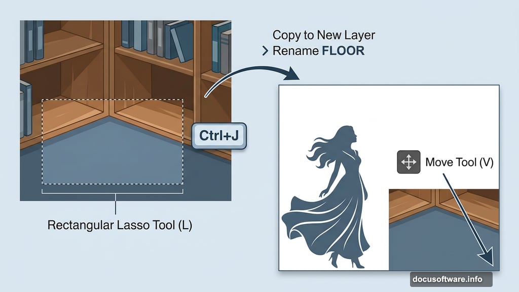 Rectangular Lasso Tool copies floor area to cover bottom right corner