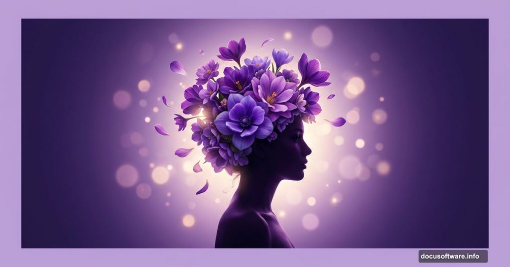 Fantasy portrait with purple flowers blooming from woman's head in Photoshop