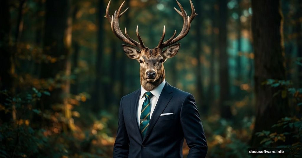 Surreal photomanipulation of a deer wearing a business suit portrait