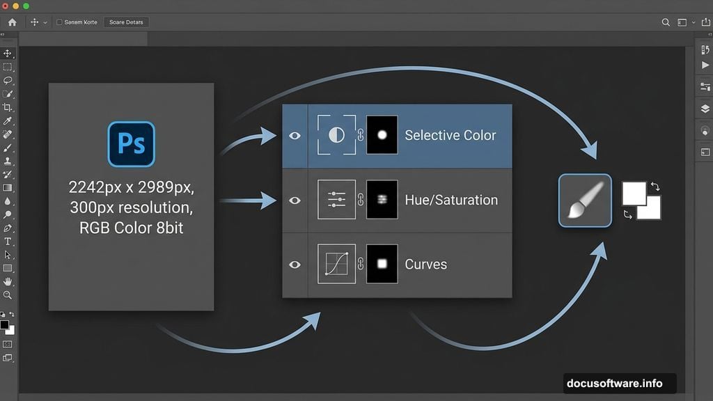 Curves and Selective Color adjustment layers create moody atmospheric background tone