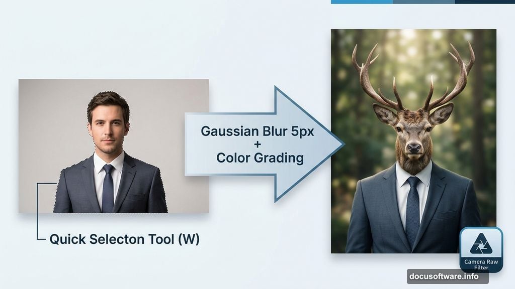 Cut out man in suit merged with deer head surreal composite portrait