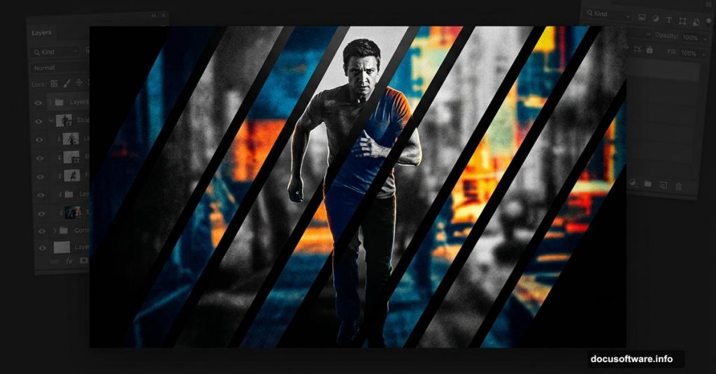 Cinematic stripe effect movie poster created in Adobe Photoshop tutorial