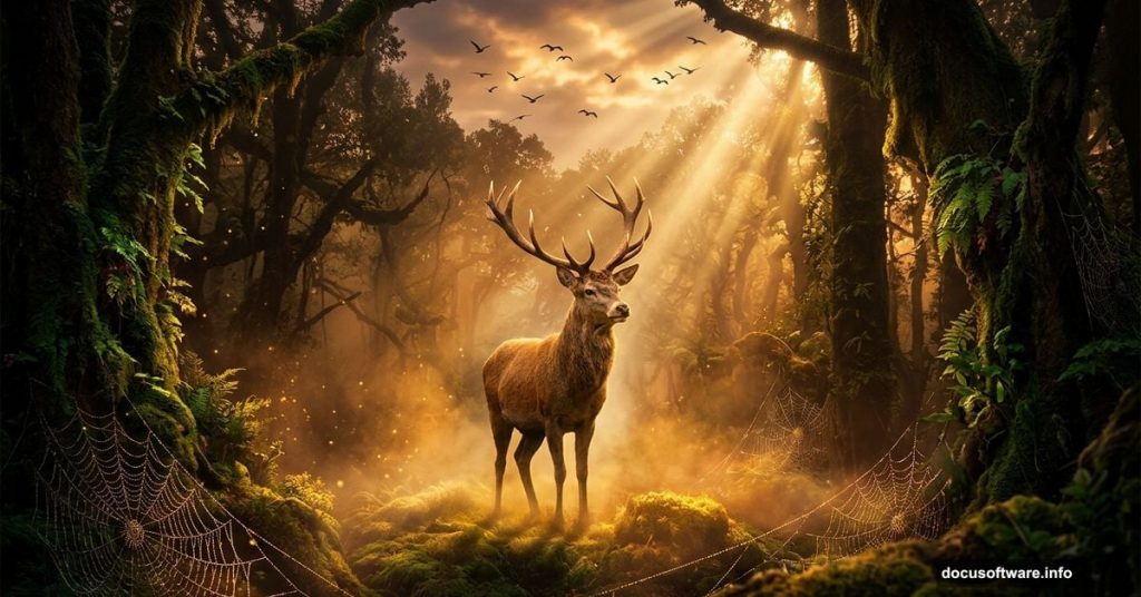 Majestic deer standing in magical glowing golden forest scene