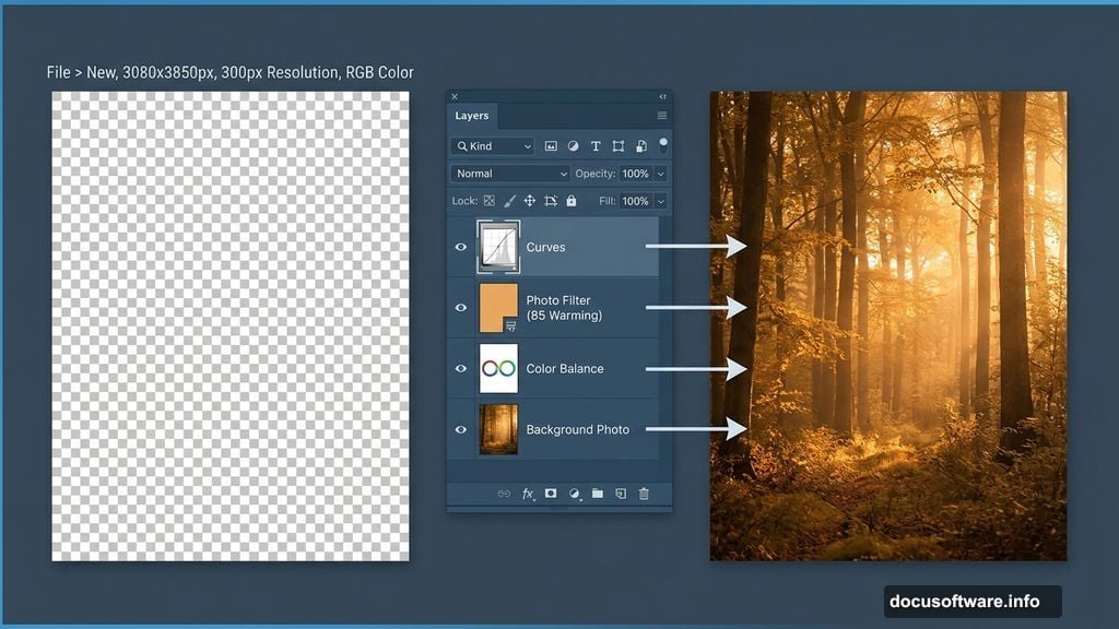 Photoshop adjustment layers Color Balance Photo Filter and Curves stacked