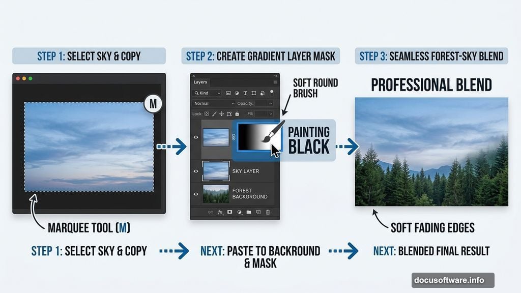 Layer mask with Soft Round Brush blending sky into forest background