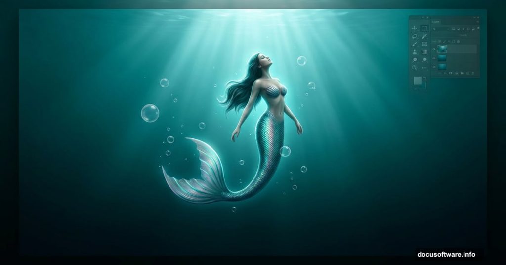 Glowing mermaid in deep teal underwater Photoshop digital painting scene