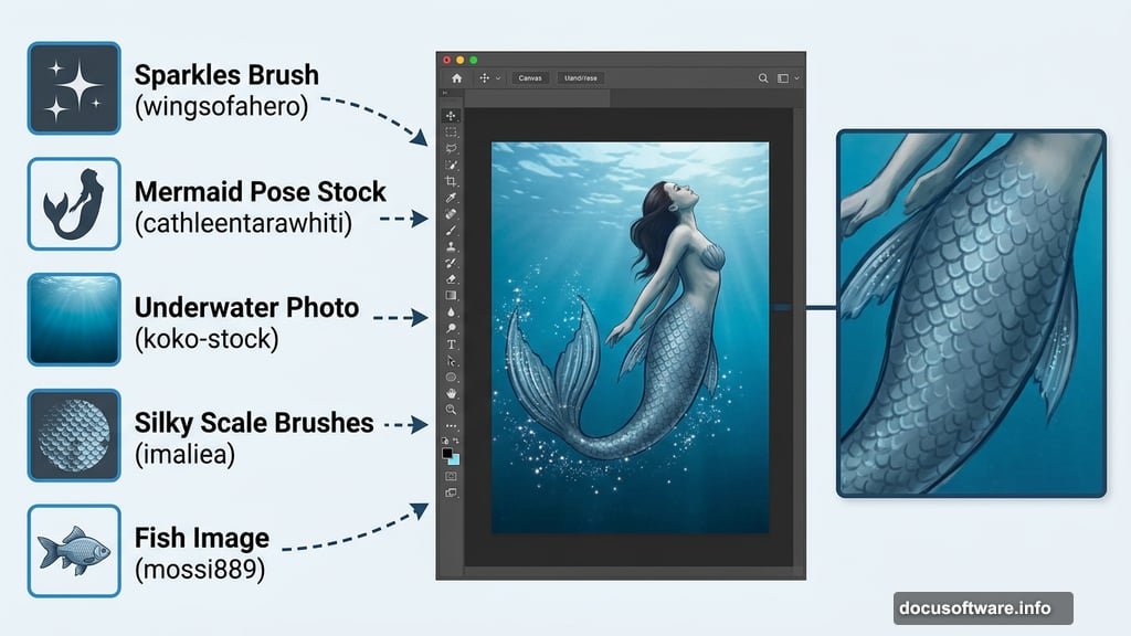Mermaid pose stock and silky scale brushes combined in Photoshop canvas