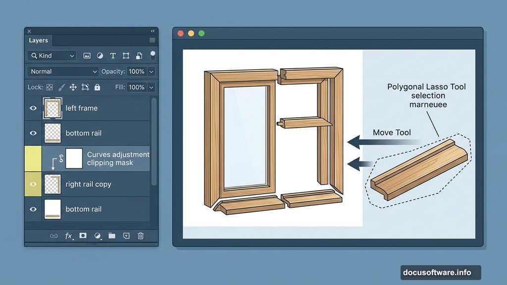 Photoshop Layers panel with window frame construction and Curves clipping mask