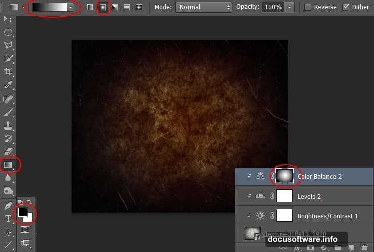 Radial gradient vignette mask darkens canvas edges toward center