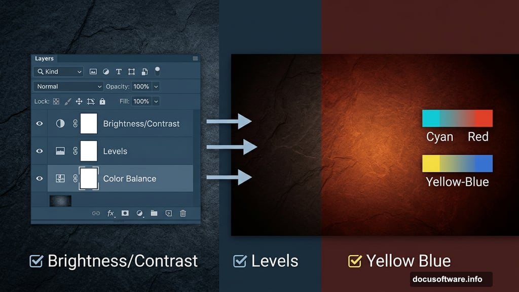 Color Balance adjustment layers create warm orange firelight background in Photoshop