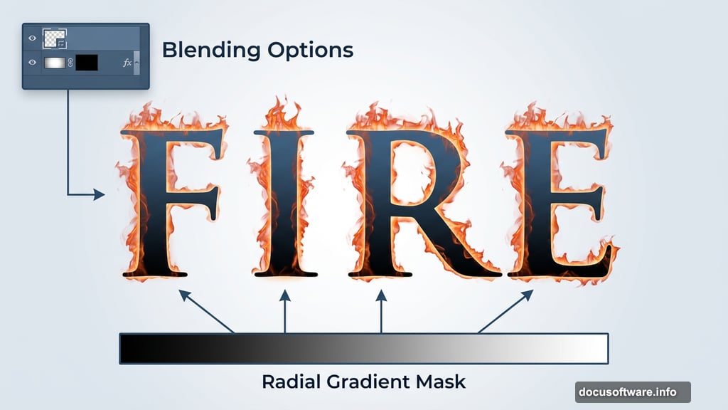 Trajan Pro burning letters with gradient mask and blending options applied