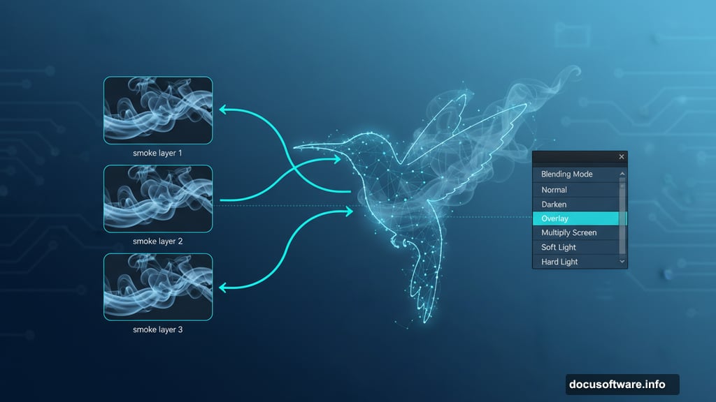Layered smoke images blended onto hummingbird using Overlay and Screen modes
