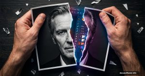 Hands tearing a portrait photo revealing Photoshop layers underneath