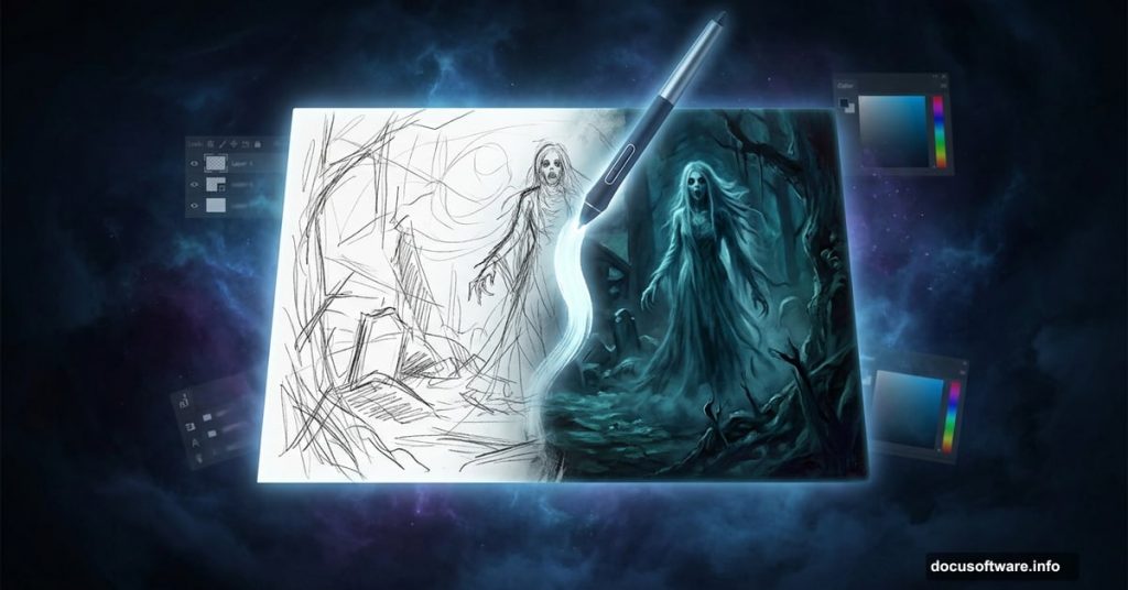 Photoshop canvas split between rough sketch and eerie nightmare painting