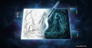 Photoshop canvas split between rough sketch and eerie nightmare painting