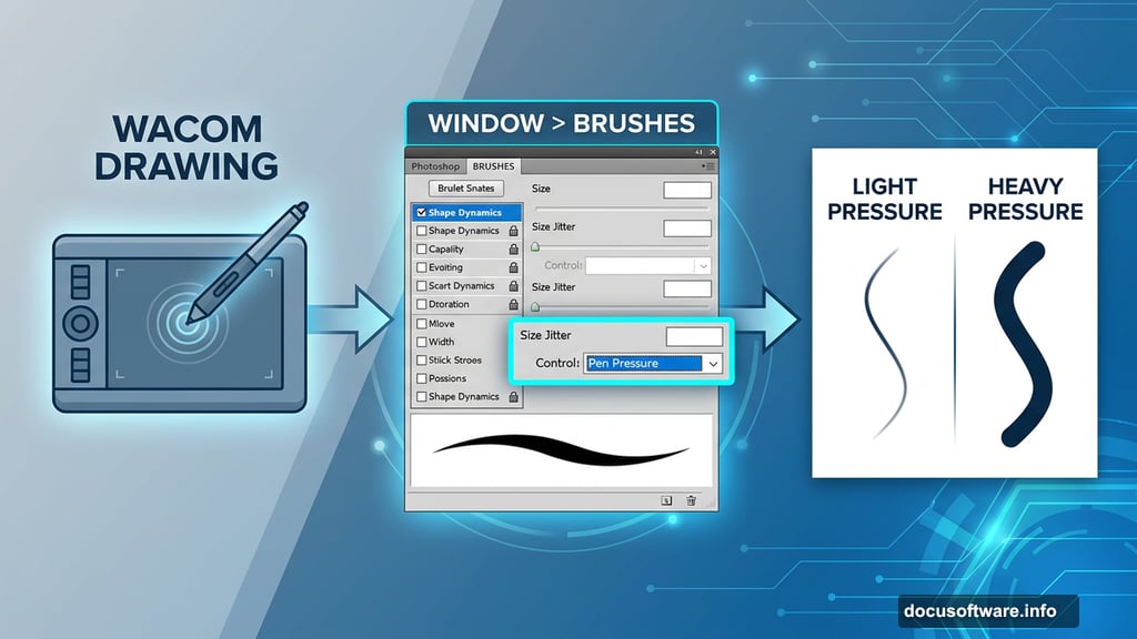 Wacom tablet pen pressure controls brush strokes in Photoshop palette