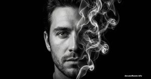 Half face dissolving into white smoke wisps against black background