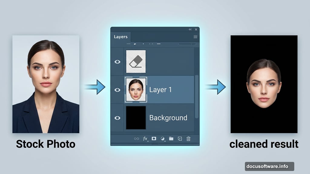 Extracted model head centered on solid black background in Photoshop