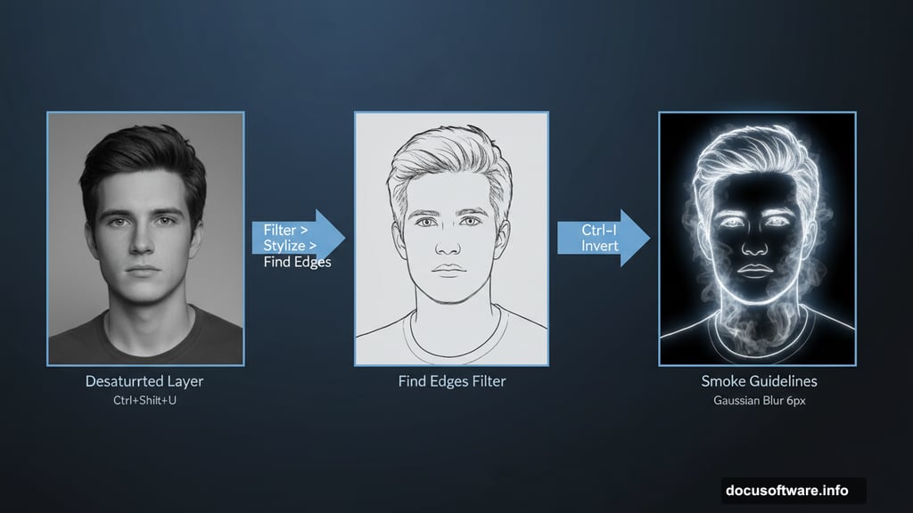 Find Edges filter creates inverted white smoke guidelines on black background