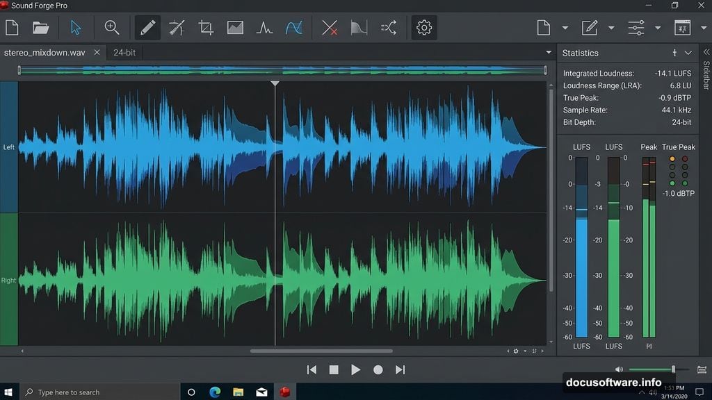 Stereo waveform editor showing LUFS loudness statistics and true peak readings