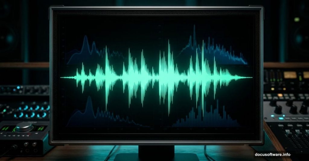 Glowing audio waveform on professional studio monitor screen