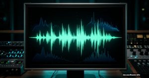 Glowing audio waveform on professional studio monitor screen