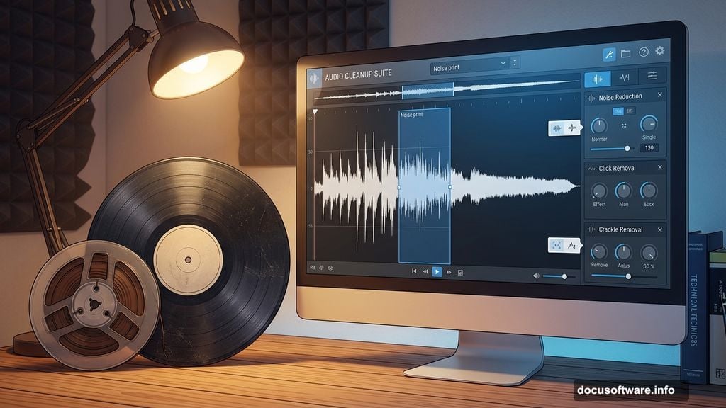 Vintage vinyl record beside computer screen running audio noise reduction restoration