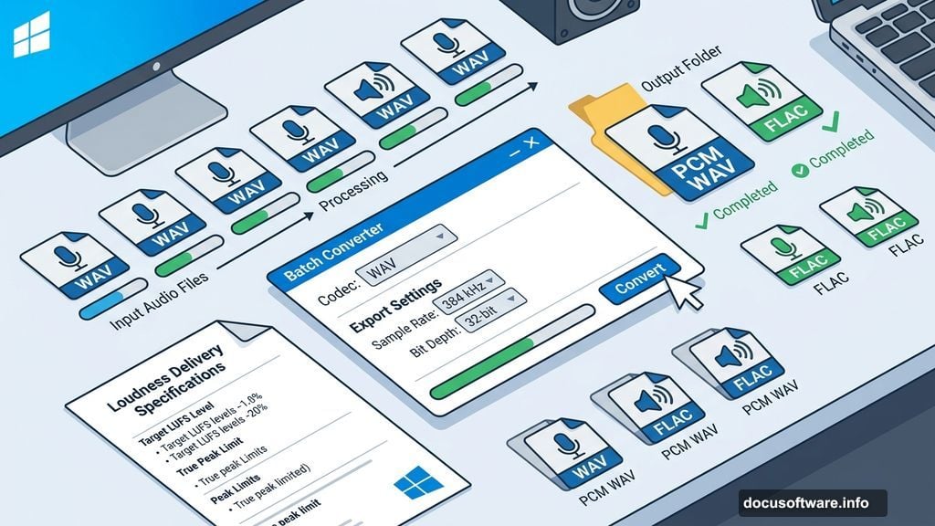 Batch audio file converter queue with codec settings and delivery spec sheets