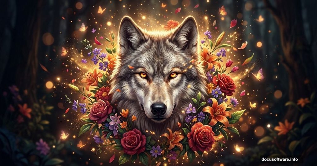 Majestic wolf surrounded by glowing flowers in Photoshop digital art