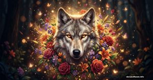Majestic wolf surrounded by glowing flowers in Photoshop digital art